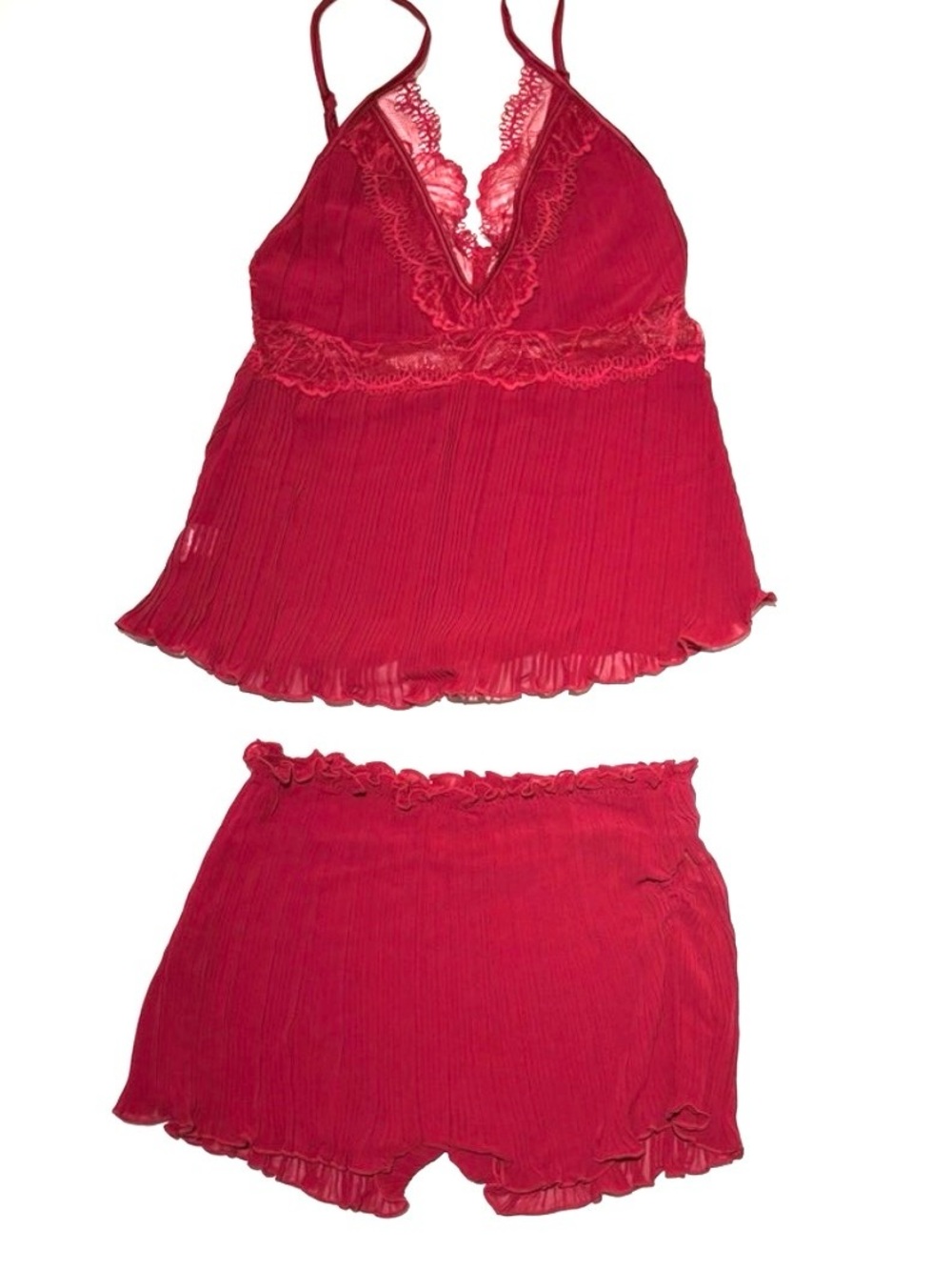 Red Plissé Pleated Lace Trim Cami & Ruffle Shorts Lounge Set Size 4